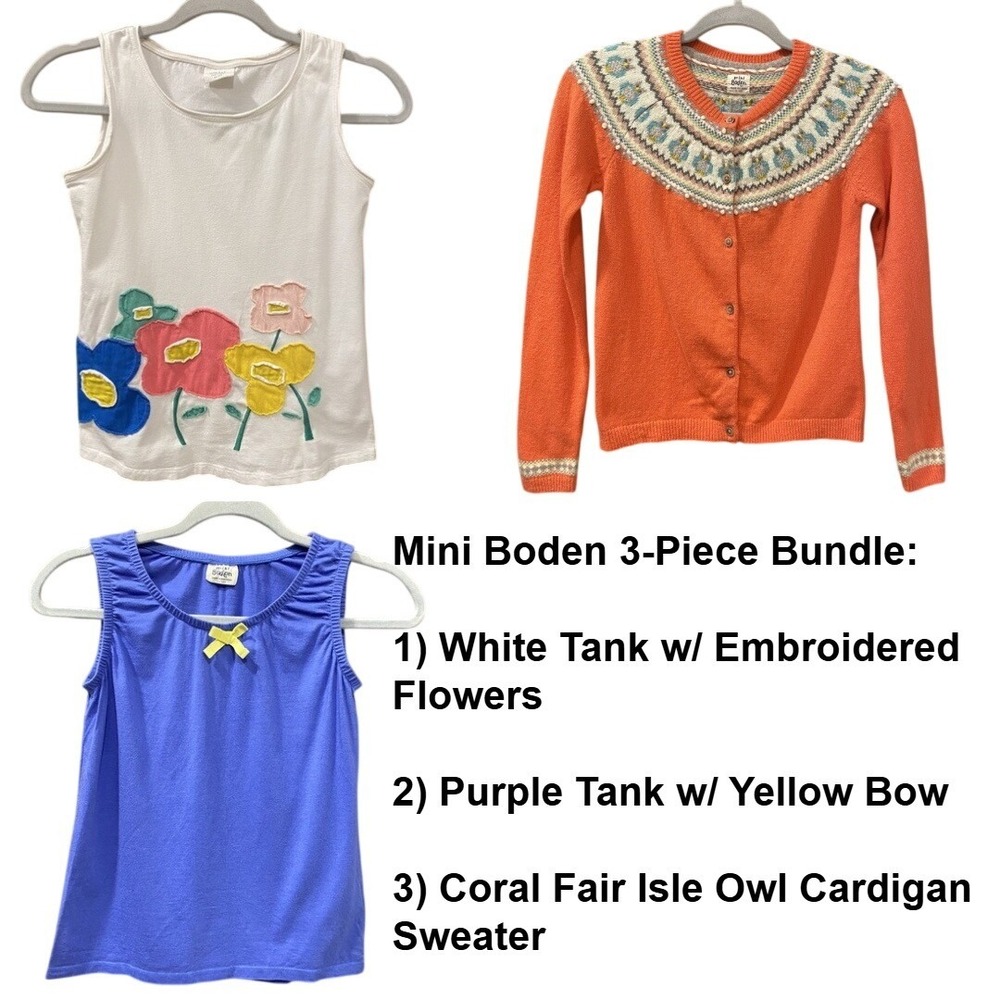 MINI BODEN 3-Piece Bundle 11-12Y Fair Isle Owl Cardigan Embroidered Floral Tank